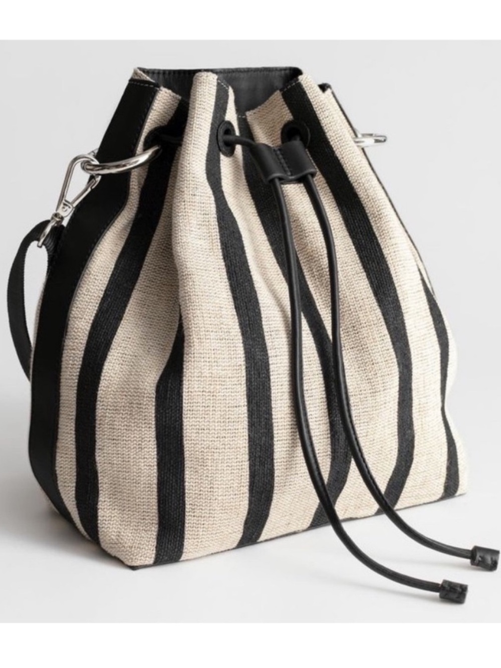 & Other Stories Black and Cream Jute Striped Drawstring Shoulder Bag - Picture 2 of 4